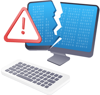 Cracked computer monitor of binary data with warning sign to represent inventory transparency challenges like data silos, inaccurate data, and more that can be overcome