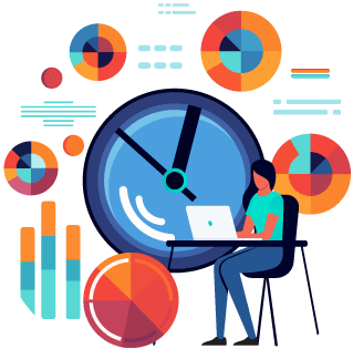 Person on laptop at a desk surrounded by an oversized clock and charts to represent the use of real-time information for reporting and analytics