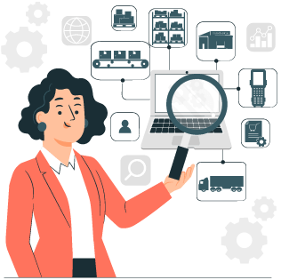 Person showing laptop that has icons around it representing inventory and order management operations to show business visibility is available via centralized inventory and order management software