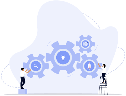 People adjusting gears containing a magnifying glass, lightbulb, bullseye target, and rocket representing operational efficiency, which can be improved with insightful data