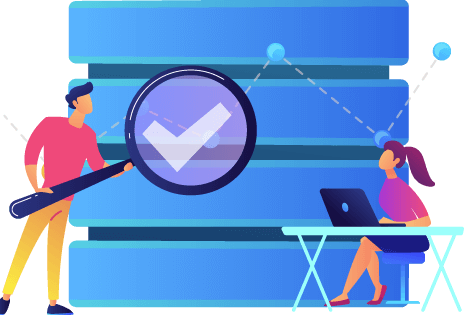 Person holding oversized magnifying glass showing a checkmark against a database graphic and a graph with a person sitting at a desk with a laptop to represent inventory insights driven by data to make informed business decisions