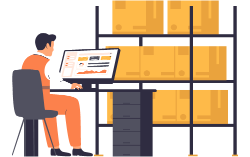 Person sitting at desk on computer displaying data and facing warehouse shelf with boxes to represent leveraging inventory insights with inventory software to help grow your business