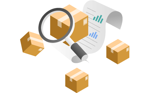 A magnifying glass pointing at boxes and paper with chart data to represent inventory transparency.