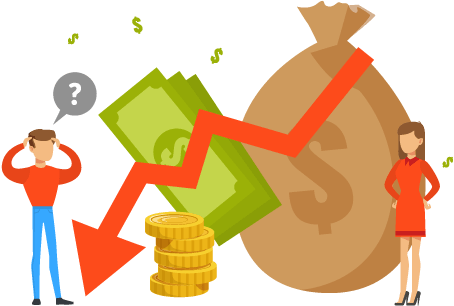 People with graph arrow decreasing and money to represent the cost of overstocking like tying up capital in unsold inventory