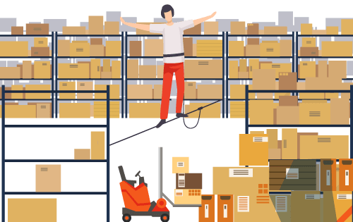 Person walking on a tightrope in the warehouse representing finding the balance between low stock levels and overstocking