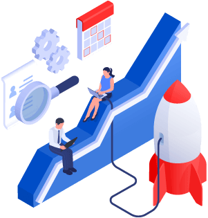 People on laptops sitting on upward arrow surrounded by a rocket, calendar, gears, and magnifying glass looking at customer data to represent best practices to maintain high order fulfillment rates