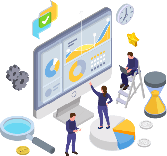 People looking at data on oversized computer screen, paper and laptop surrounded by gears, magnifying glass, pie chart, coins, clock, hourglass, and more to represent monitoring order fulfillment rates.