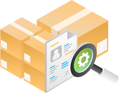 Stack of boxes with order document and magnifying glass over a gear to represent best practices of order management analytics