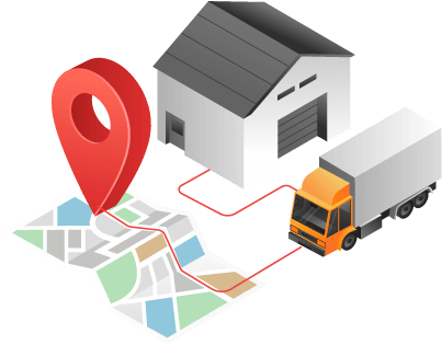 A delivery truck and a path going from a warehouse to a map with a location pin representing that order management analytics helps ensure timely deliveries