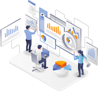 A team analyzing data. One with an oversized magnifying glass and another with a laptop to represent leveraging order management analytics