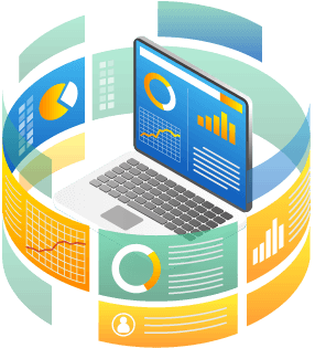 A laptop displaying data in the middle of data screens wrapping around it to represent order management analytics delivered via inventory software