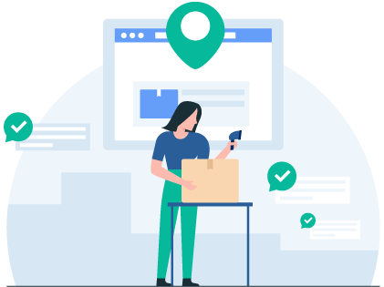 Person packing orders holding a barcode scanner with a screen in the foreground of order management software to represent that order visibility streamlines fulfillment