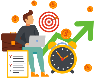 Person on computer surrounded by a bullseye target, clock, upward trending arrow, money, and more to represent the benefits of real-time information in inventory management