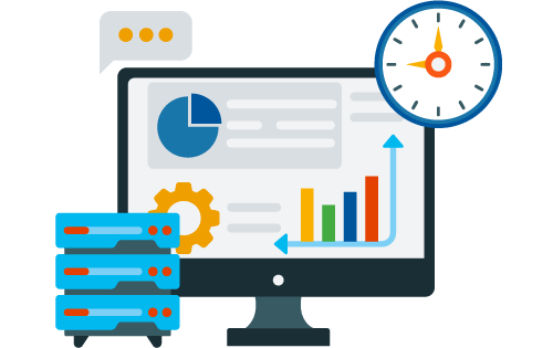 A monitor with data displayed and surrounded by a clock, database, and speech bubble to represent the real-time information