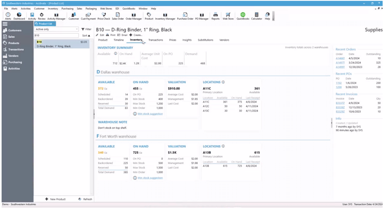 The Product List screen in Acctivate on the Inventory tab showing real-time information for a specific product related to warehouse location, availability and more