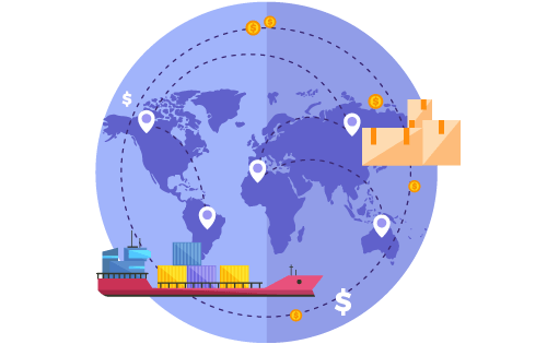 The world with location pins, boxes, cargo ship and money signs to represent total landed cost.