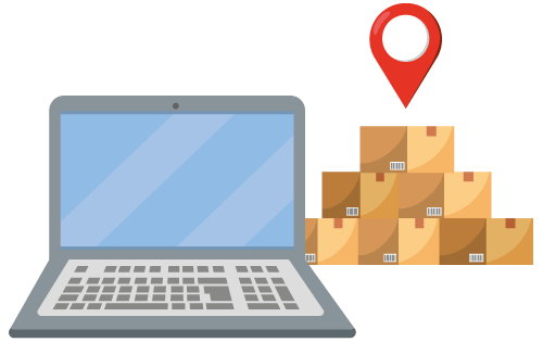 A laptop in front of boxes with a location pin to represent the use of inventory software to track total landed cost