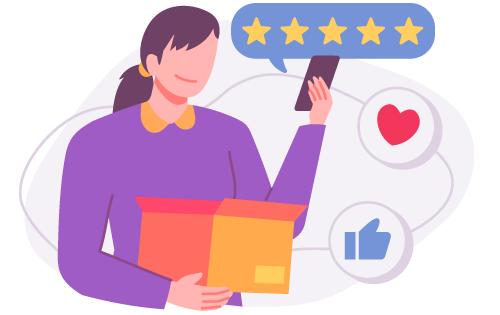 A customer holding a sign with 5-stars and an open box surrounded by a thumbs up and heart representing product availability consistency drives customer trust