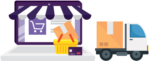 An ecommerce webstore on a laptop with a shopping basket, box, credit card and delivery truck representing the role of inventory management in customer service with product availability