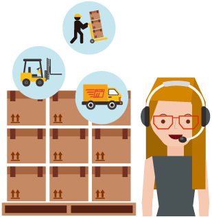 Customer service rep next to a pallet of boxes and icons representing different inventory management processes