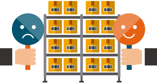 A warehouse shelf full of boxes with hands on each side holding a sad face and a happy face to represent that accurate inventory levels can resolve challenges