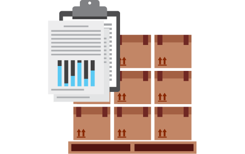 Stacked boxes on pallet with overlapping clipboard and paper with chart representing accurate inventory levels helping satisfy customers