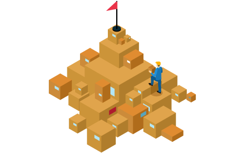 Person walking up a pile of boxes to a red flag at top representing handling large orders with inventory software for b2b customer satisfaction