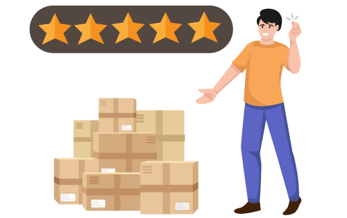 Person pointing toward a pile of boxes next to 5-stars representing building customer trust with order management software