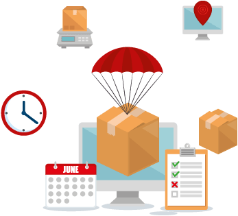 Computer monitor with box tied to parachute surrounded by icons representing delivery expectations like a calendar, clock, etc.