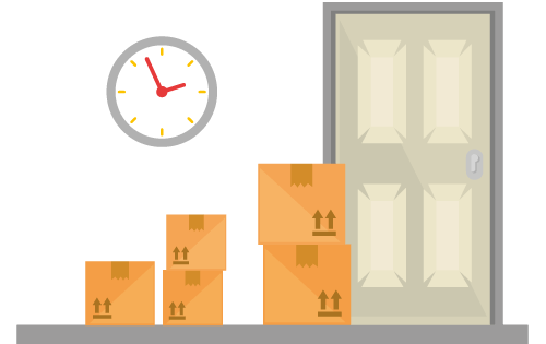 A door with boxes on porch and clock above representing realistic delivery expectations