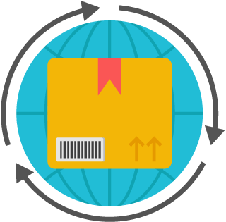 Box on globe with circular arrows representing exceeding customer expectations with easy returns