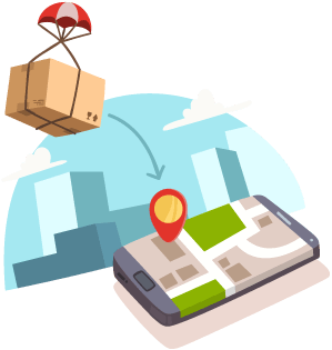 Box with parachute landing toward phone with order tracking and location pin to represent exceeding customer expectations with accurate order tracking and updates