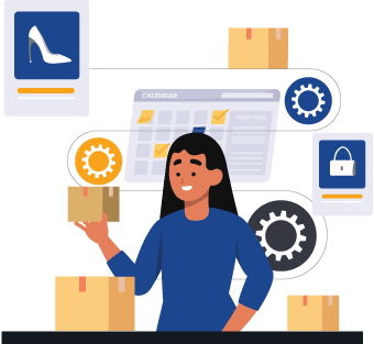 Person holding a small package with other packages on their desk and a flow in the background of faster order processing