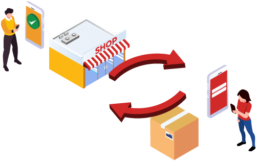 Business owner and customer with a bi-directional arrow between them representing the managing returns via a RMA process