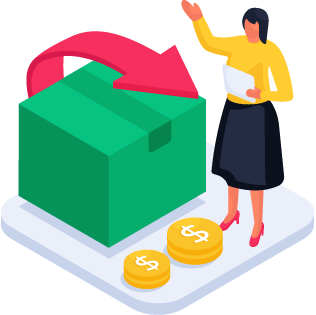 Person by an oversized package with a red arrow coming from it representing managing returns with RMAs via inventory and order management software to solve common challenges