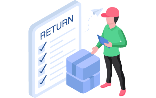 Person looking at their return policy near a stack of packages representing managing returns with inventory and order management software