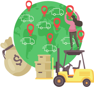 A person standing on top of a forklift adjusting location pins on a globe representing common challenges in the order fulfillment process