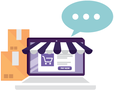 A laptop representing a web store with boxes in the background and a speech bubble representing a seamless shopping experience that centralizes all data across multiple sales channels 