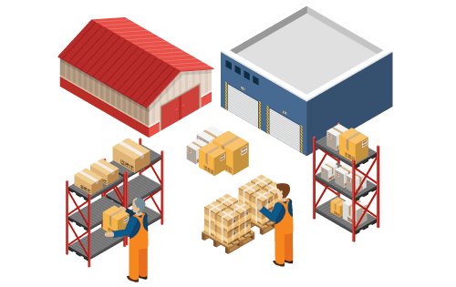 Two warehouses and different locations as shelves and pallet to represent multi-location inventory management