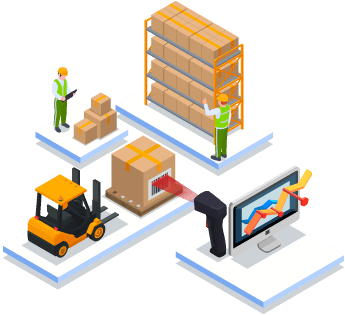 Inside of a warehouse with boxes on shelves, barcode scanner, forklift, workers, and computer with decision support data representing how to overcome challenges to multi-location inventory management