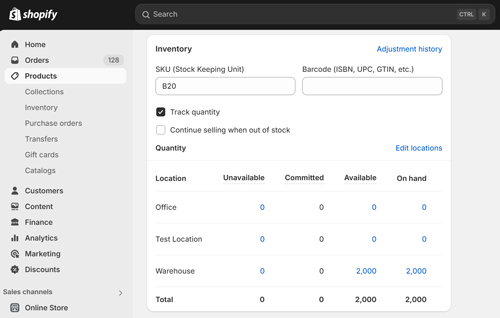 Shopify web store window showing inventory availability synced from Acctivate inventory software