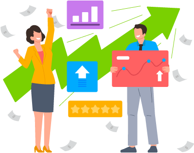 Happy business people with one holding an upward trending graph and surrounded by five stars and a large green upward arrow to represent meeting customer demands by managing sudden demand surges