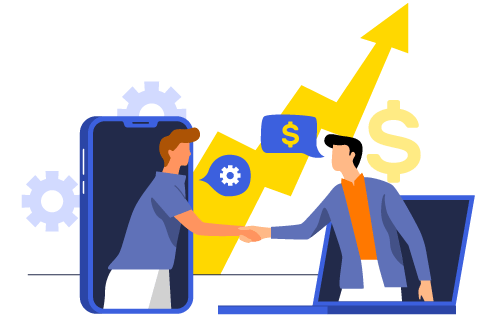 Business person coming out of a laptop shaking hands with a customer, who is popping out of a phone with a background of gears, upward arrow, dollar sign and speech bubbles to represent meeting customer demands from sale to delivery and continued customer serivce.