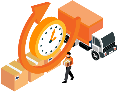 Boxes, delivery person, delivery truck and a clock with circular arrow representing meeting customer demands with faster order fulfillment