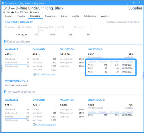 Acctivate's Product List window on the Inventory tab showing inventory counts in all warehouse locations