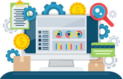 A computer screen displaying data surrounded by gears, boxes, magnifying glass, money, and more to represent scalability and growth with inventory and order management software.