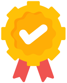 Quality assurance badge shaped like a gear with a checkmark in the center to represent the ability to scale efficiently while maintaining quality