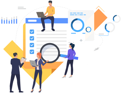 Business people with computer, clipboard, and oversized magnifying glass looking at data with a large checkmark in the background representing strategies to scale efficiently