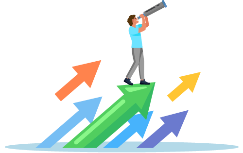 Upward arrows with a person standing on one and looking up with a telescope representing ways a business can scale efficiently