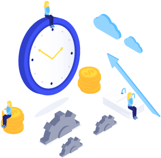 EDI Automation is a Game-Changer for Small Businesses with benefits like saving time and money Oversized clock, gears, coin stacks, and upward arrow in the clouds with people representing edi automation benefits like saving time and money for your business